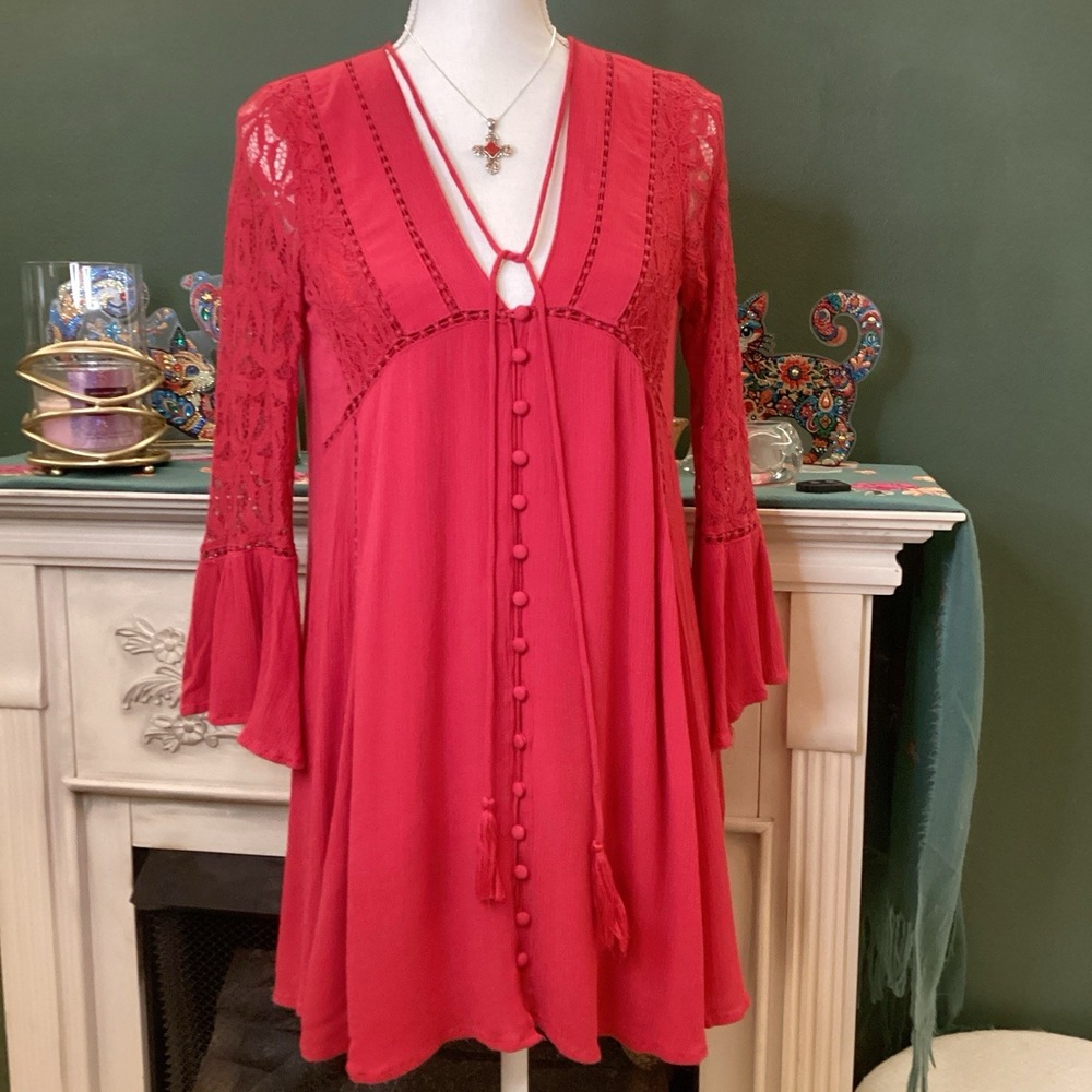 Chelsea & Violet Red Lace Tassel Dress With Bell Sleeves‎